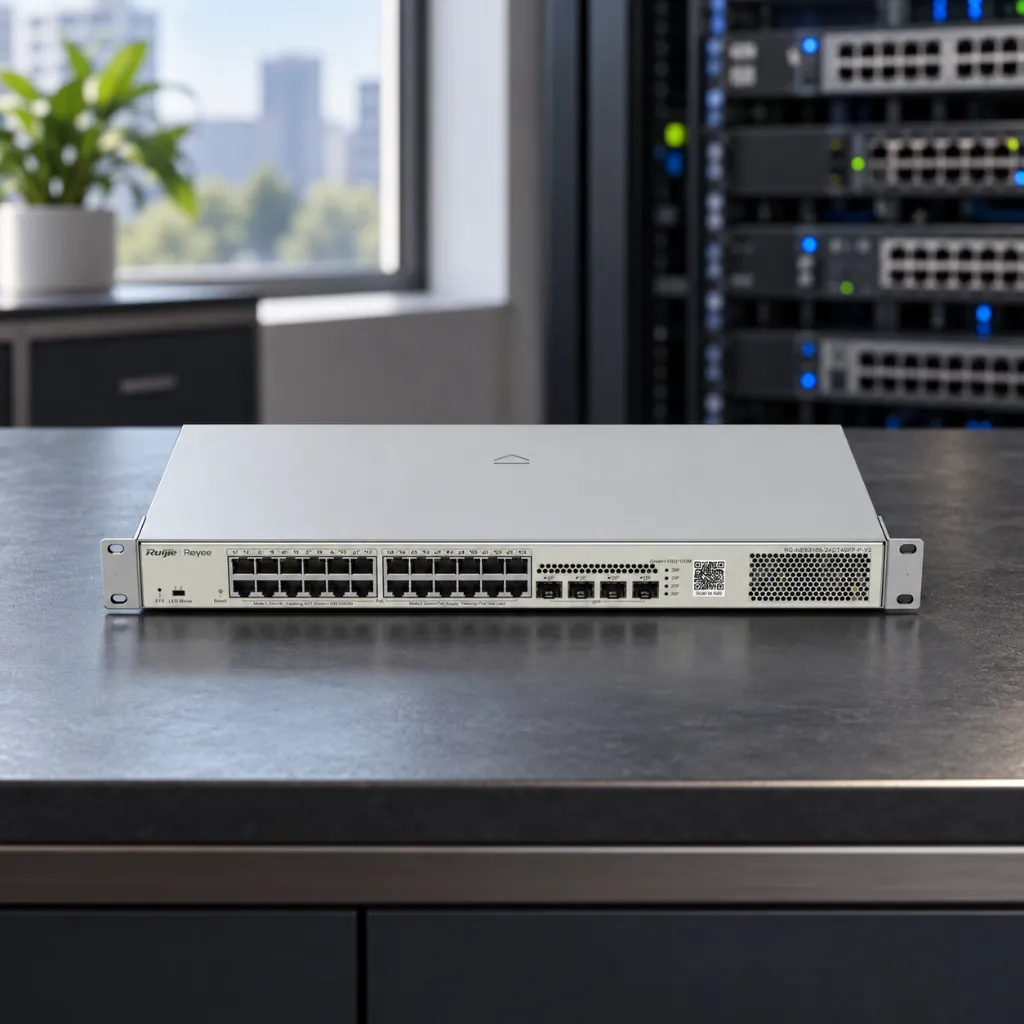 Ilustración de uso del RG-NBS3100-24GT4SFP-P-V2 de Ruijie Reyee en un entorno empresarial.