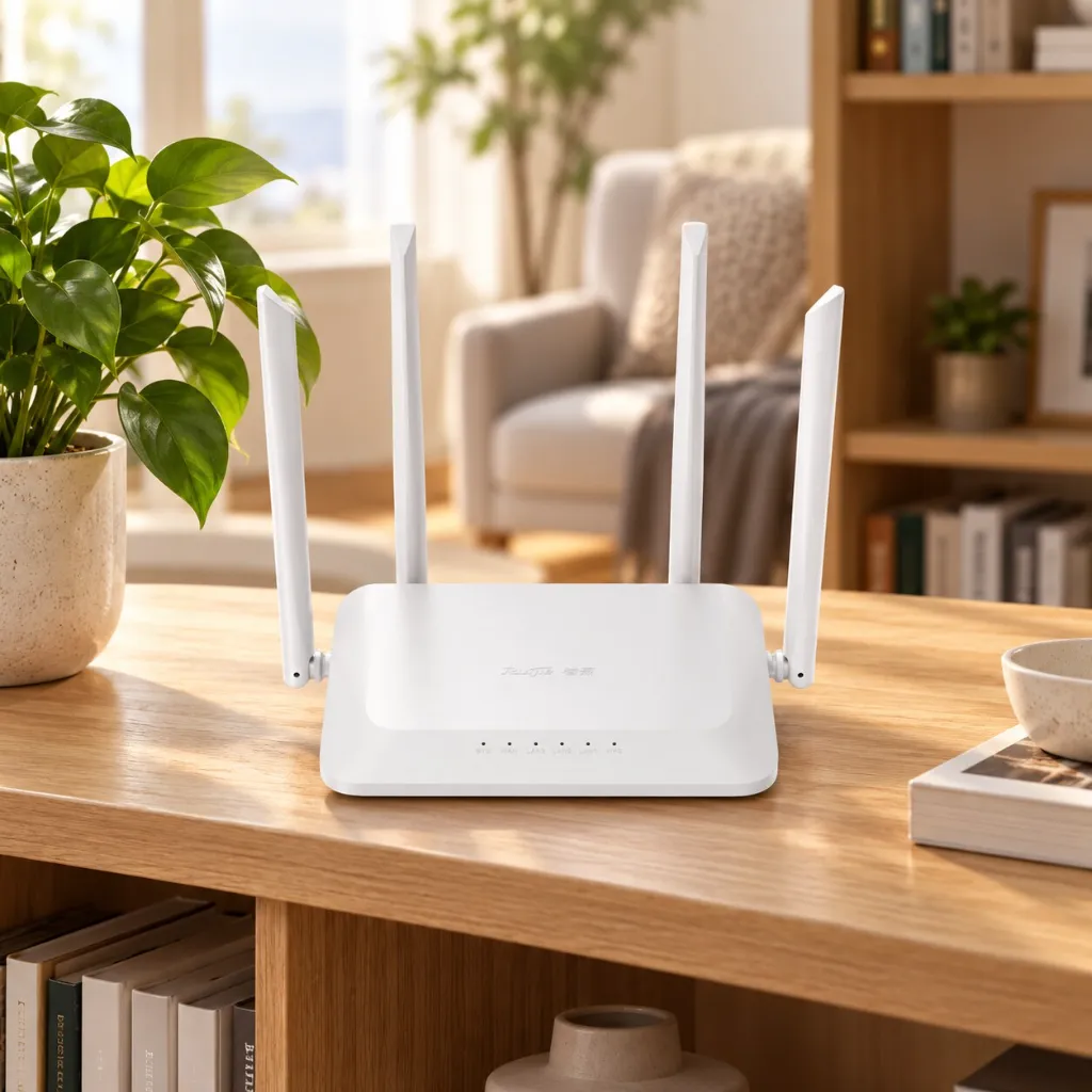 Router Ruijie RG-EW1200 en consola abierta de estudio; ilustración de uso.