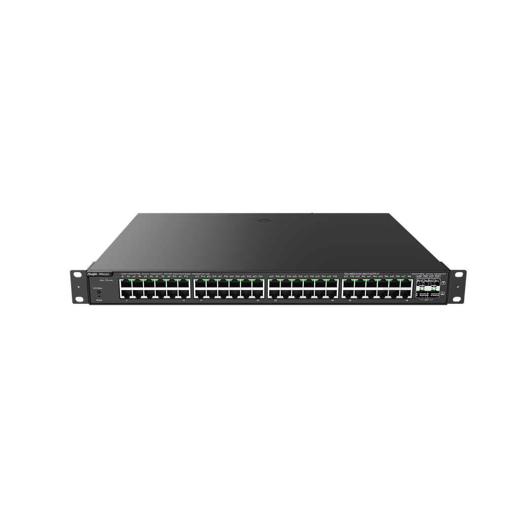 RUIJIE Switch PoE Administrable en la Nube de Capa 2 Gigabit de 52 puertos, 48 puertos Gigabit PoE+ y 4 SFP, 370W
